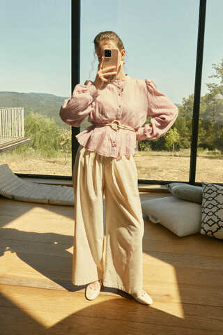 Keten Pileli Bol Paça Pantolon Taş - 3