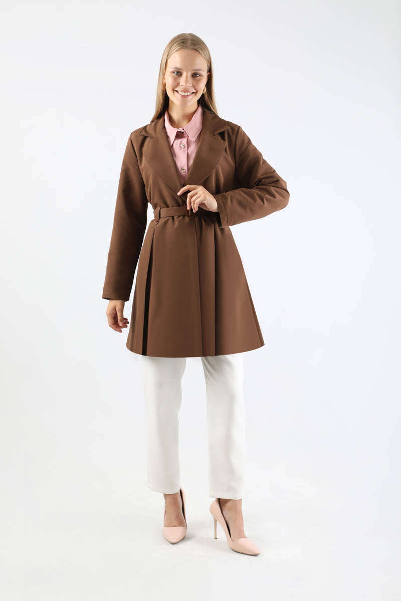 Pileli Kısa Trençkot Kahverengi