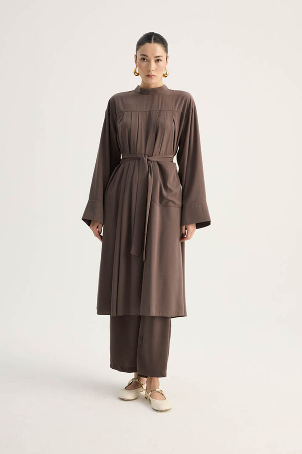 Pileli Tunik Takım Kahverengi 