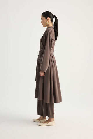 Pileli Tunik Takım Kahverengi - 5