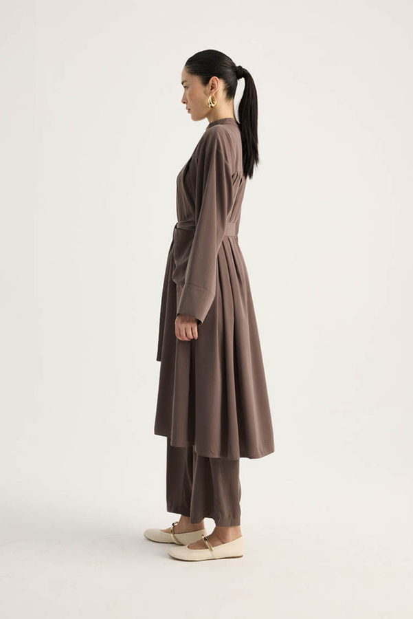 Pileli Tunik Takım Kahverengi - 5