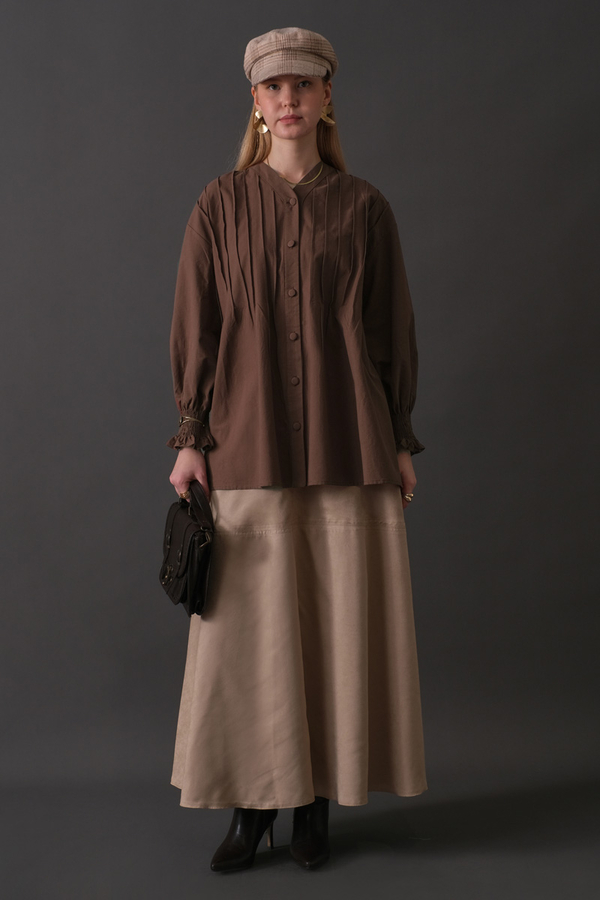 Pin-Tuck Cotton Shirt Brown (1)