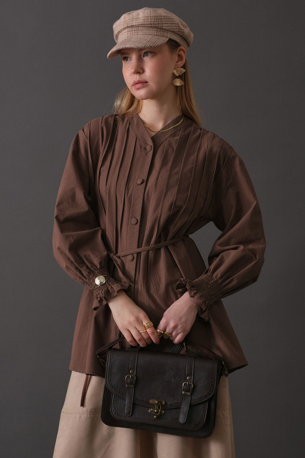 Pin-Tuck Cotton Shirt Brown