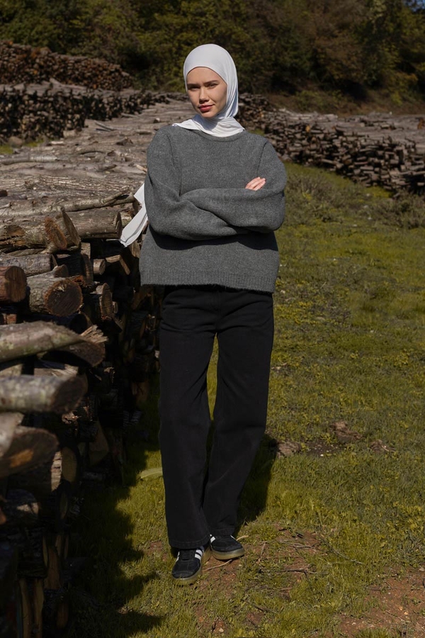 Piped Oversize Knit Sweater Anthracite - 5