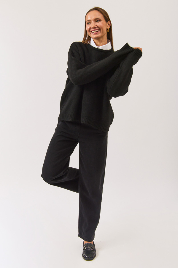 Piped Oversize Knit Sweater Black - 4