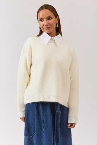 Piped Oversize Knit Sweater White - 4