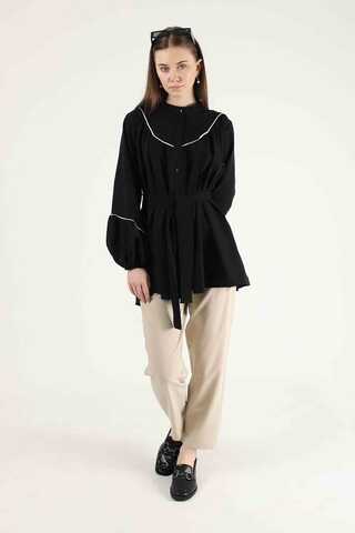 Zulays - Piping Detail Belted Shirt Black