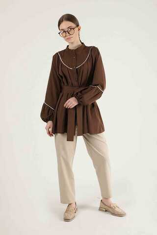 Zulays - Piping Detail Belted Shirt Brown
