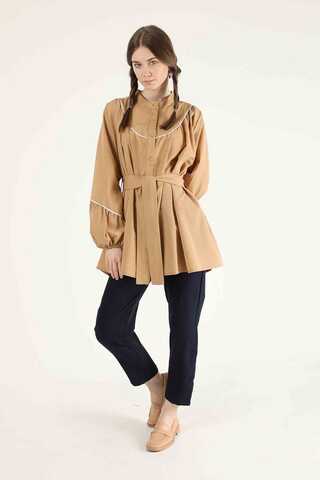 Zulays - Piping Detail Belted Shirt Camel