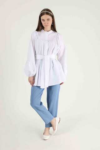 Zulays - Piping Detail Belted Shirt Ecru