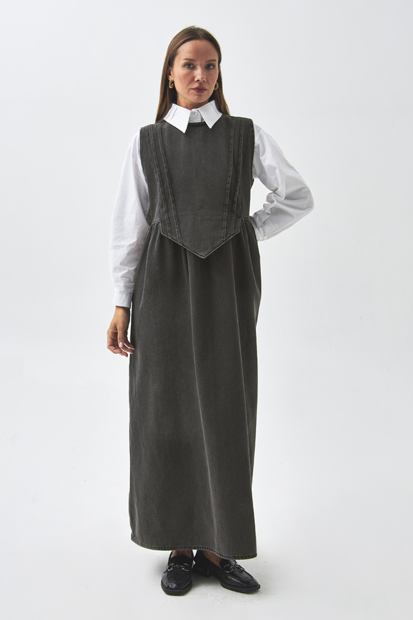 Pleated Detail Denim Pinafore Black - 4