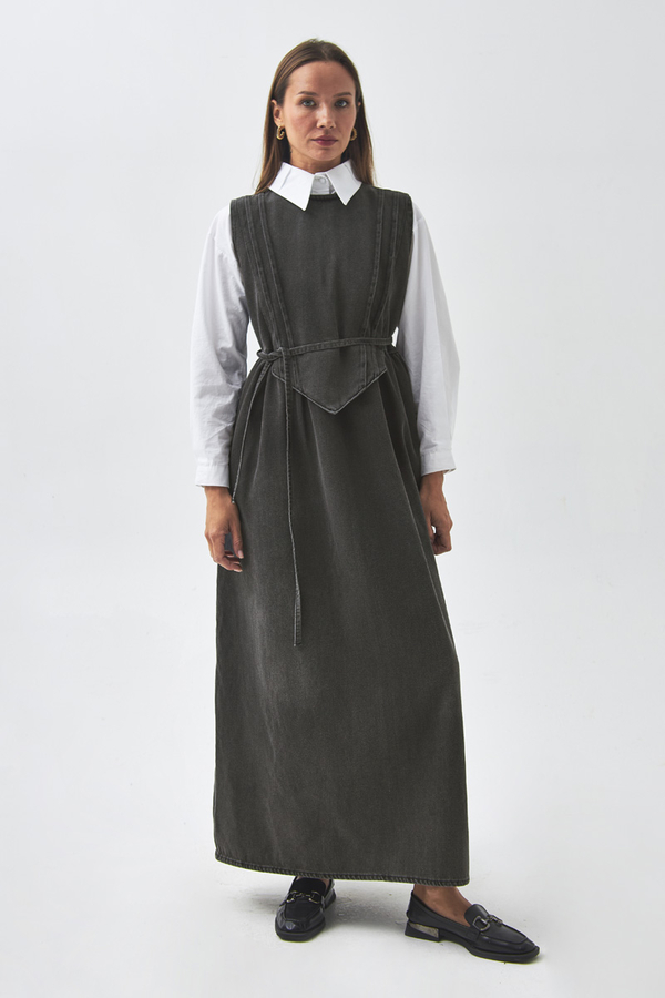 Pleated Detail Denim Pinafore Black - 1