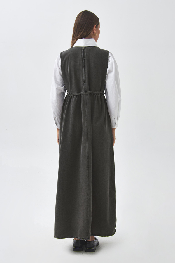 Pleated Detail Denim Pinafore Black - 9