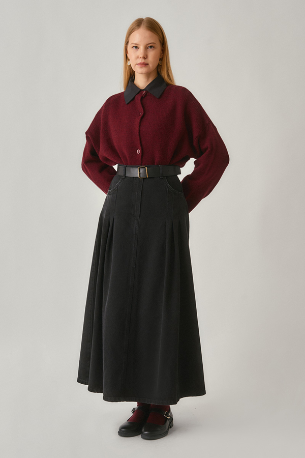 Pile Detaylı Denim Etek Siyah