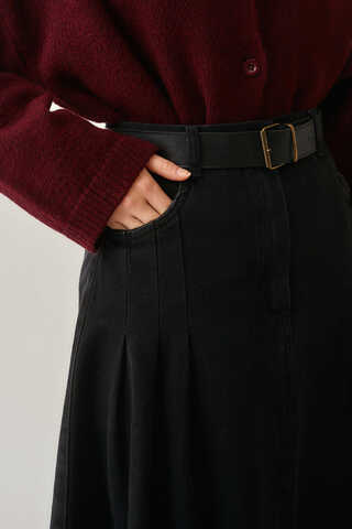 Pleated Detail Denim Skirt Black - 3