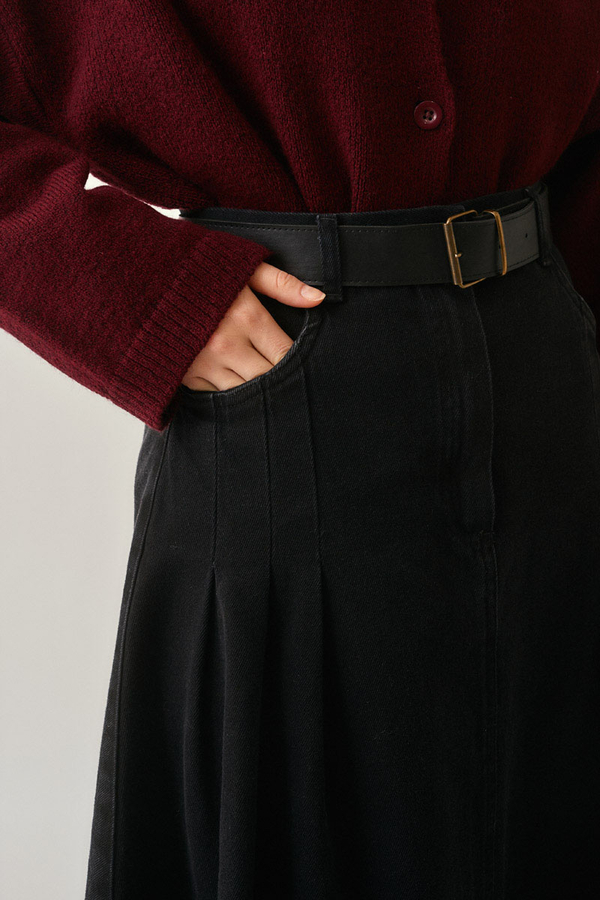 Pleated Detail Denim Skirt Black - 3