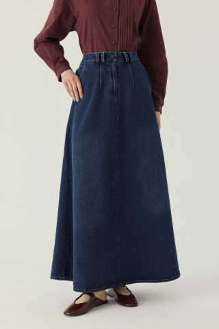 Pleated Detail Denim Skirt Blue - 3