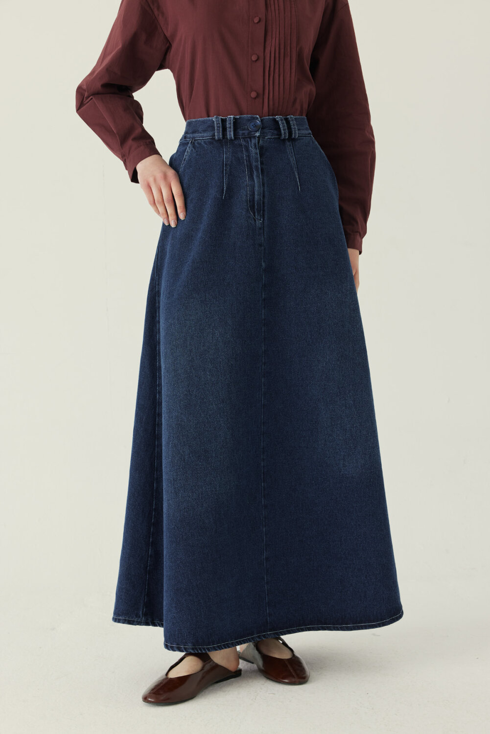 Pleated Detail Denim Skirt Blue - 3