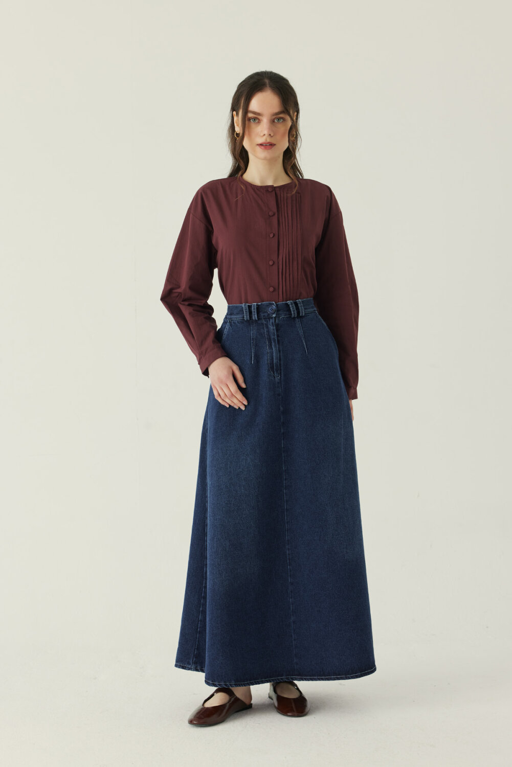 Pleated Detail Denim Skirt Blue - 5