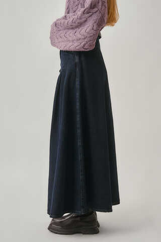 Pleated Detail Denim Skirt Dark Blue - 6
