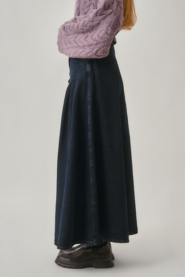 Pleated Detail Denim Skirt Dark Blue - 6