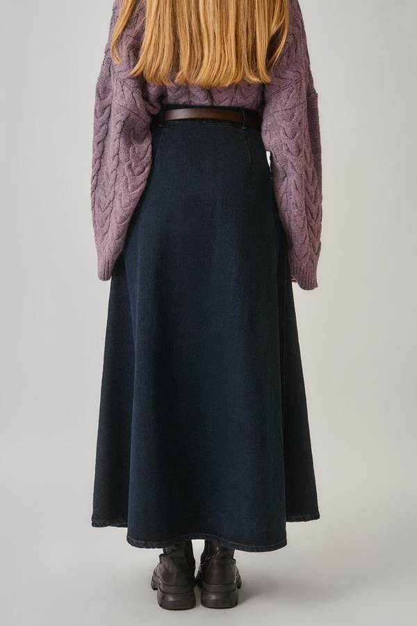 Pleated Detail Denim Skirt Dark Blue - 8