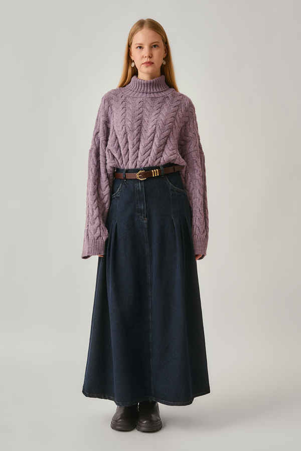 Pleated Detail Denim Skirt Dark Blue - 1