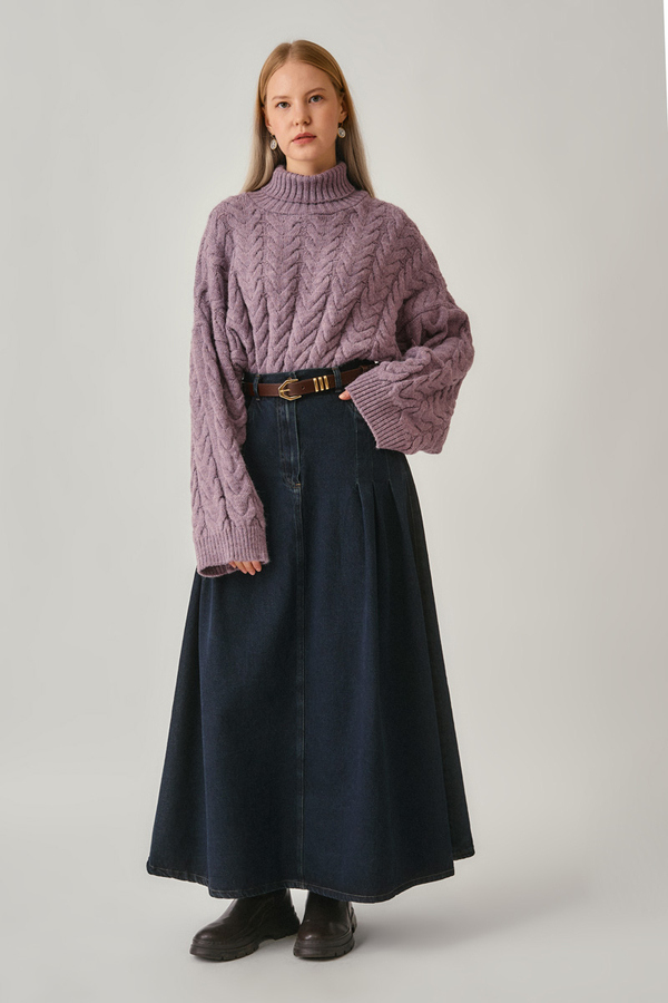 Pleated Detail Denim Skirt Dark Blue - 5