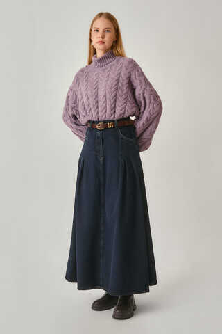 Pleated Detail Denim Skirt Dark Blue - 7