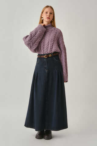 Pleated Detail Denim Skirt Dark Blue - 4