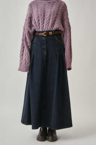 Pleated Detail Denim Skirt Dark Blue - 3
