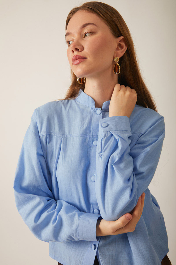 Pile Detaylı Keten Gömlek Bebe Mavisi - 1