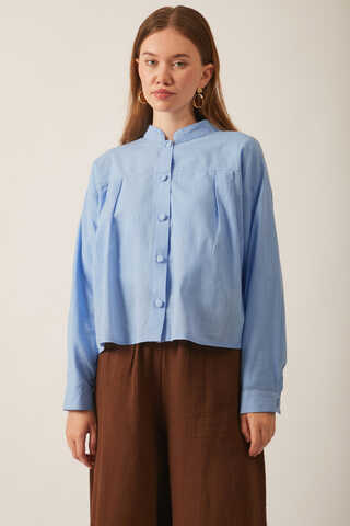 Pile Detaylı Keten Gömlek Bebe Mavisi - 3
