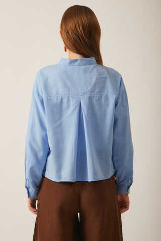 Pile Detaylı Keten Gömlek Bebe Mavisi - 11