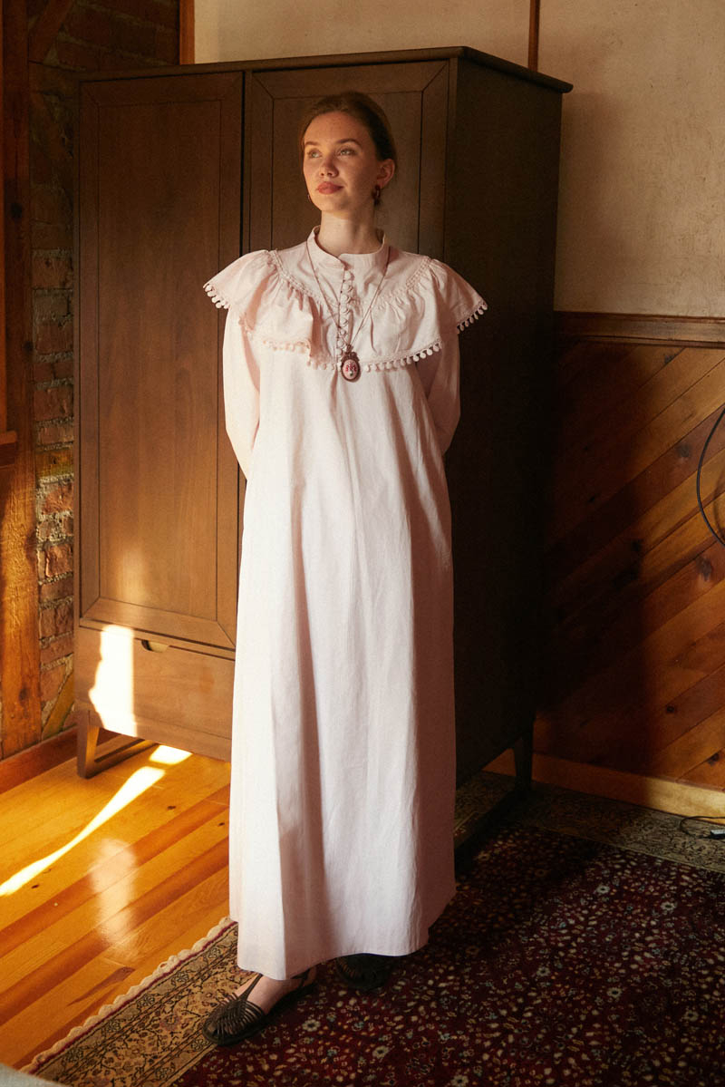 Powder Pink Dress with Ruffled Yoke Detail