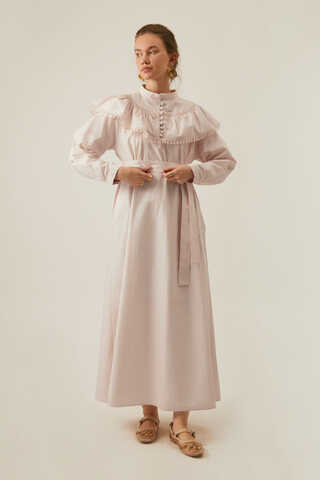 Robası Volan Detaylı Elbise Pudra - 12