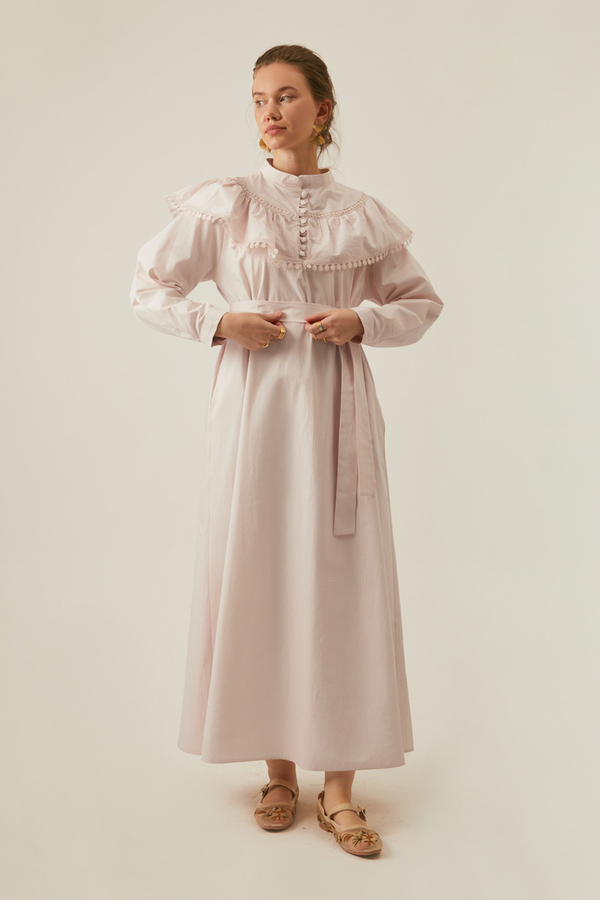 Robası Volan Detaylı Elbise Pudra - 12