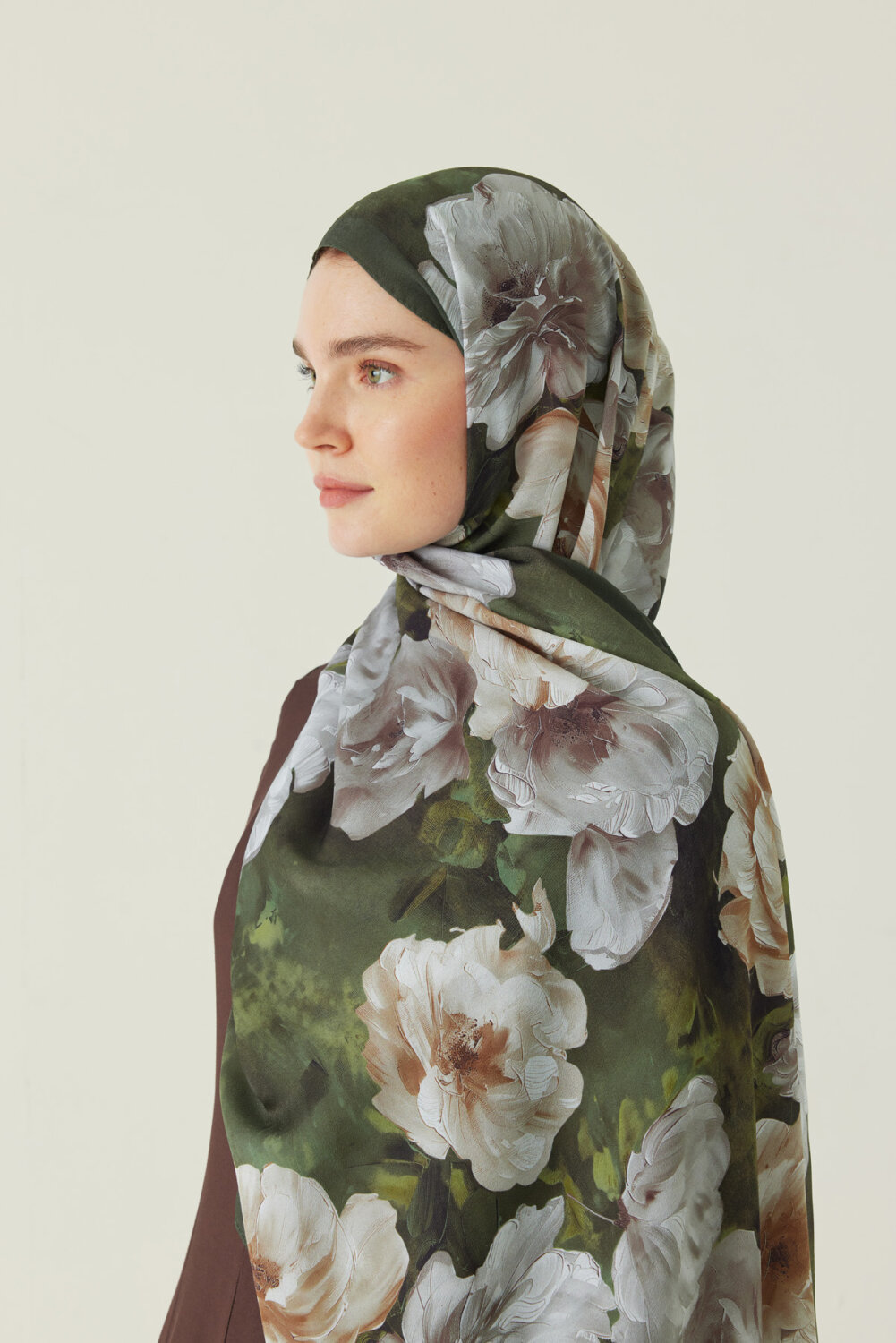 Premium Çiçek Desenli Şal Haki - 3