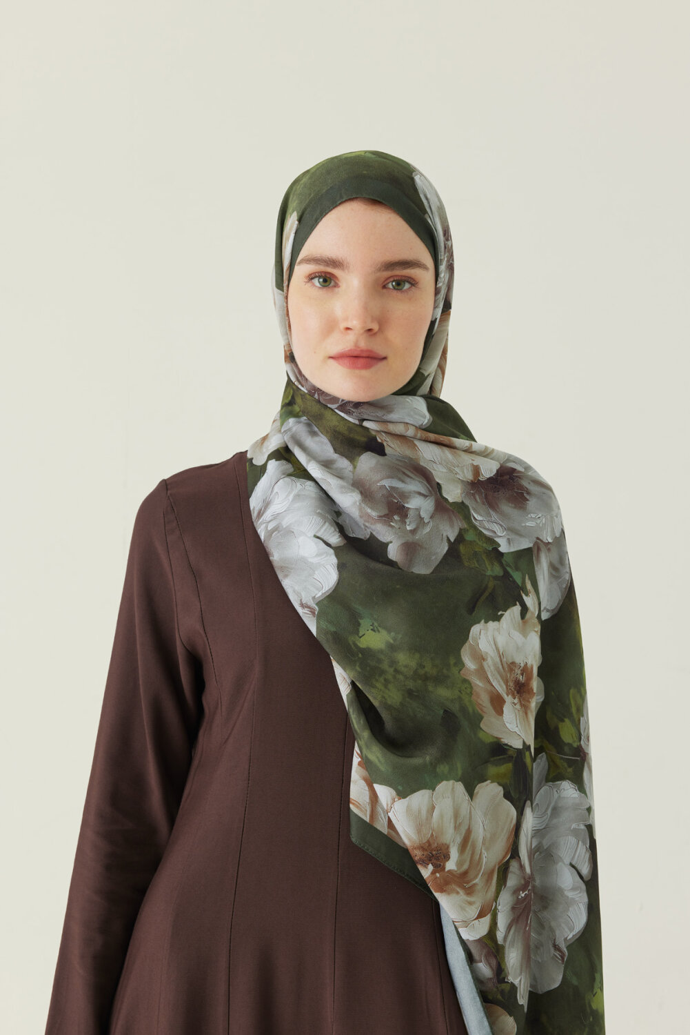 Premium Çiçek Desenli Şal Haki - 2