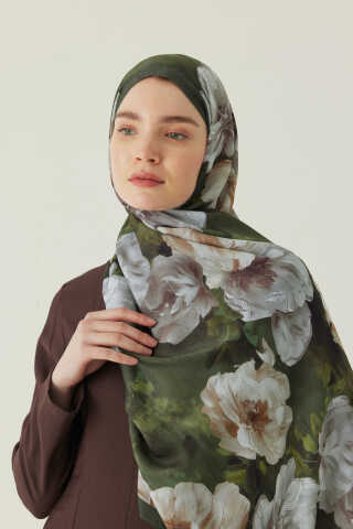 Premium Çiçek Desenli Şal Haki - 1
