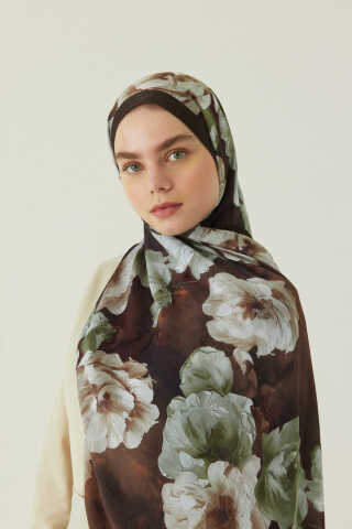 Premium Çiçek Desenli Şal Kahverengi - 1