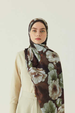 Premium Çiçek Desenli Şal Kahverengi - 2