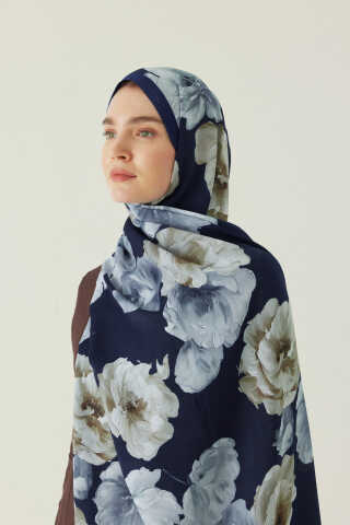 Premium Çiçek Desenli Şal Lacivert - 1