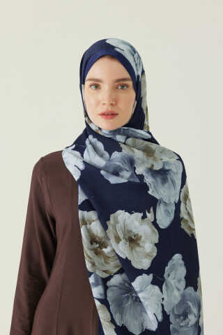 Premium Çiçek Desenli Şal Lacivert - 2
