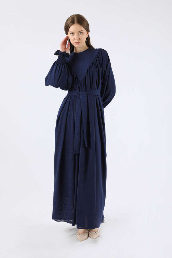Buy Ruffle Detailed Pleated Dress Navy Blue Zülays