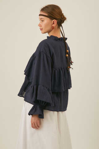 Ruffled Voile Blouse Navy Blue - 2