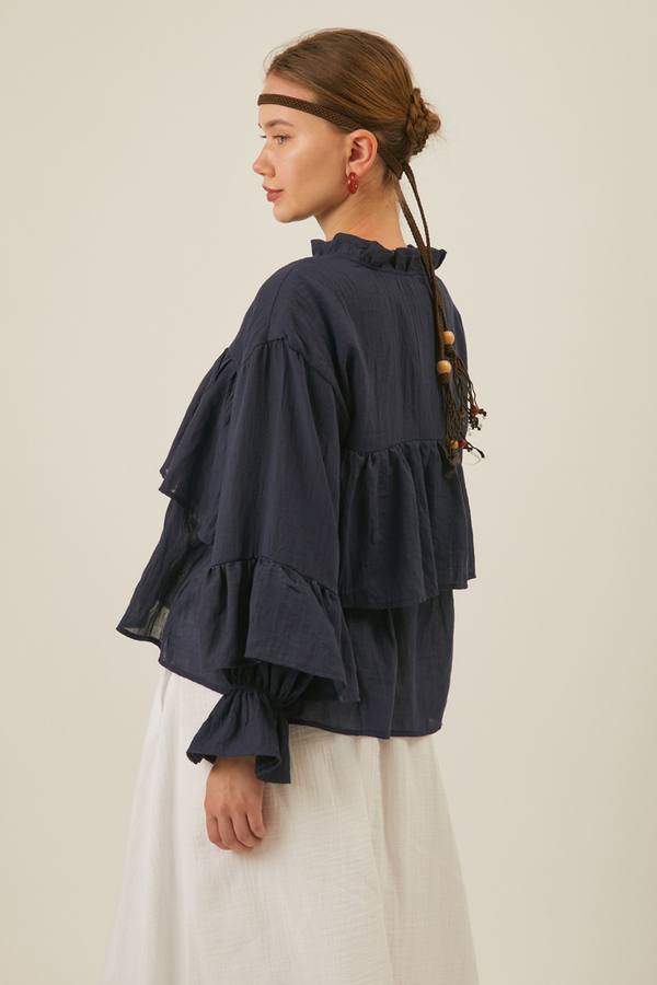 Ruffled Voile Blouse Navy Blue - 2