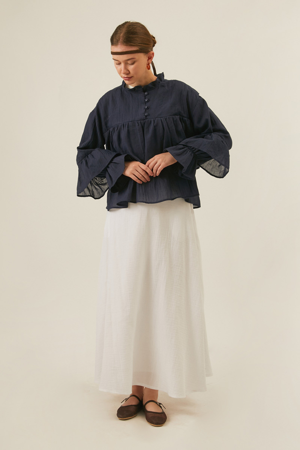 Ruffled Voile Blouse Navy Blue - 4