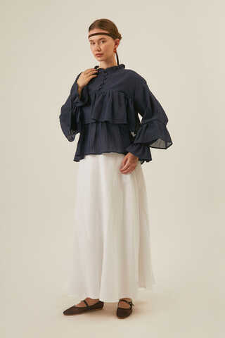 Ruffled Voile Blouse Navy Blue - 5