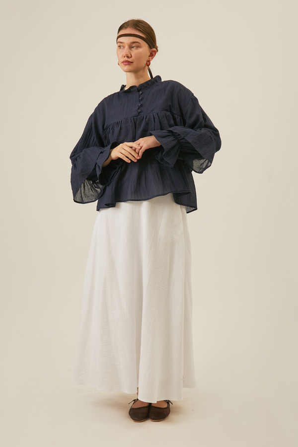 Ruffled Voile Blouse Navy Blue - 6